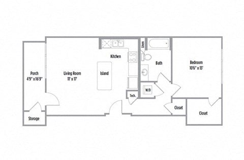 Floor plan for 1 bed, 1 bath, 730 sqft